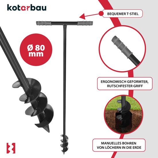 KOTARBAU® Handgrondboor, Palenboor, ⌀ 80 mm, Metaal, 115 cm, Zwart, Grondboor, Grondboor voor Hekpalen, Handboor voor Grond, T-Greep, Ergonomisch en Robuust, Tuinboor — afbeelding 4