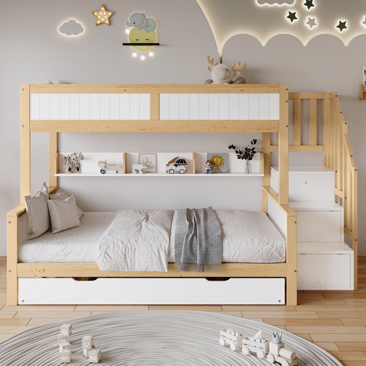 MEUNIQ stapelbed voor kinderen 252 x 128,5 x 148 cm met uitschuifbed, opbergtrap, kledingkast en valbeveiliging, 3 slaapplaatsen voor kinderkamer, wit en naturel