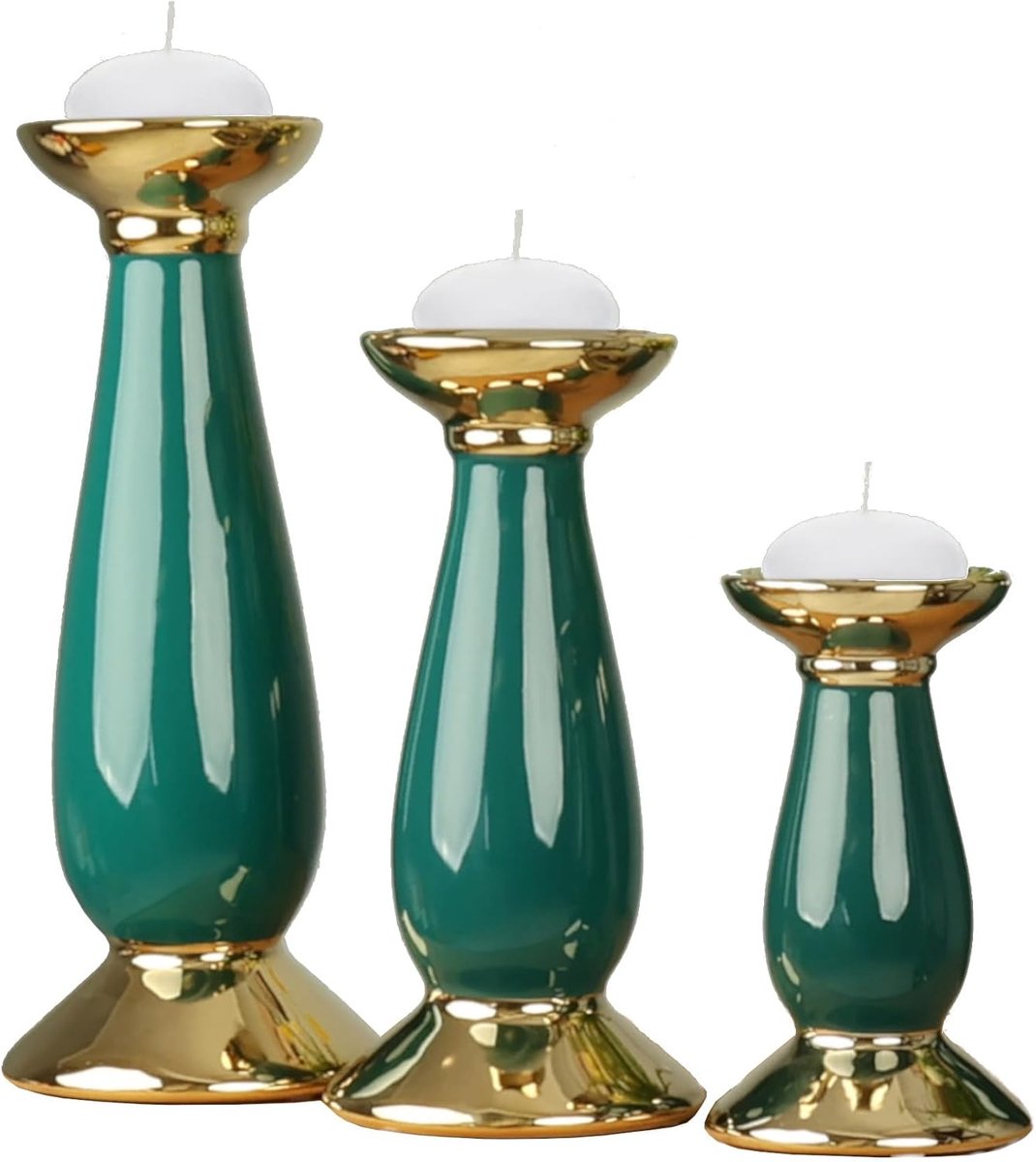Kerkenhouders Set - Kaarsenstandaards Decoratie - Huis Verfraaien - Glanzende Keramiek - 3 stuks 10-13 cm - Groen Goud