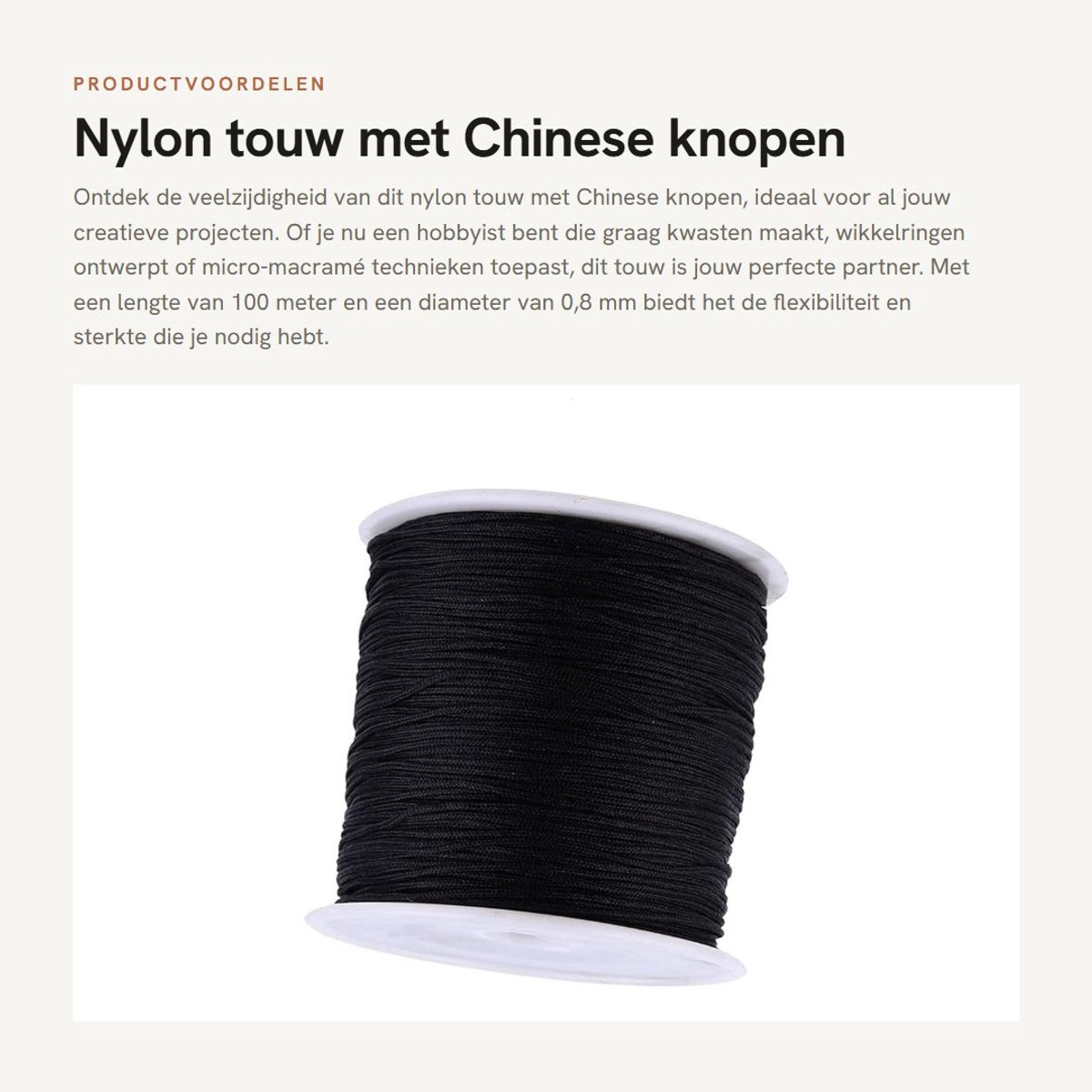 Dailygoods- Nylon Touw 100 m - Chinese Knoop - Shamballa Koord - Macramé - Nylon Draad 0,8 mm - Duurzaam Gebruik - Knoopdraad