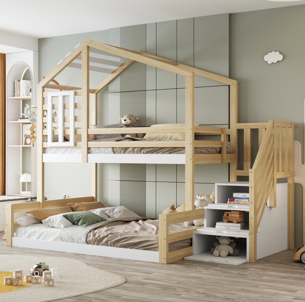MEUNIQ stapelbed met huisframe en raam, 90x200 cm boven en 140x200 cm onder, met opbergtra