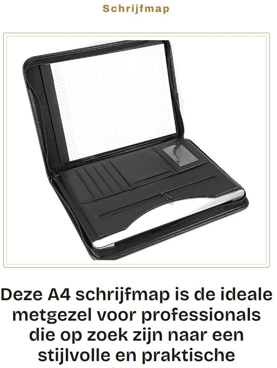 Dailygoods- Schrijfmap A4 Luxe Kunstleer - Documentenmap met Ritssluiting - Opbergmap met Kaartvakken - Penhouder - Binnenzak - Gevoerd met Zwart PVC - Documententas