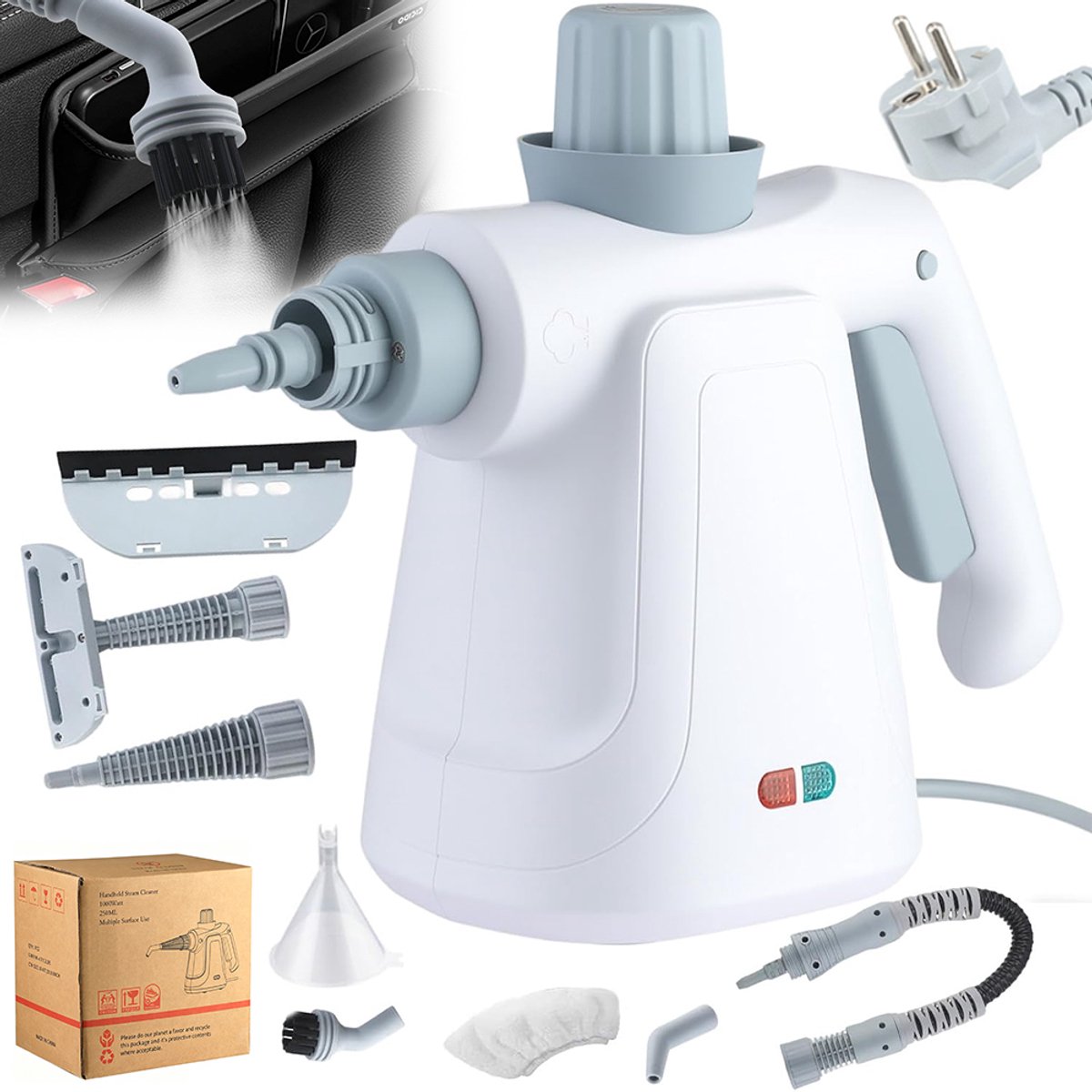Handstoomreiniger - Hoge temperatuur, hoge druk stoomreiniger - Inclusief 9 opzetstukken - Reinigt vloeren, tegels, matrassen en banken - 1000 watt - Krachtige motor - Geschikt voor airconditioners en afzuigkappen - Huishoudelijke reinigingsmachine