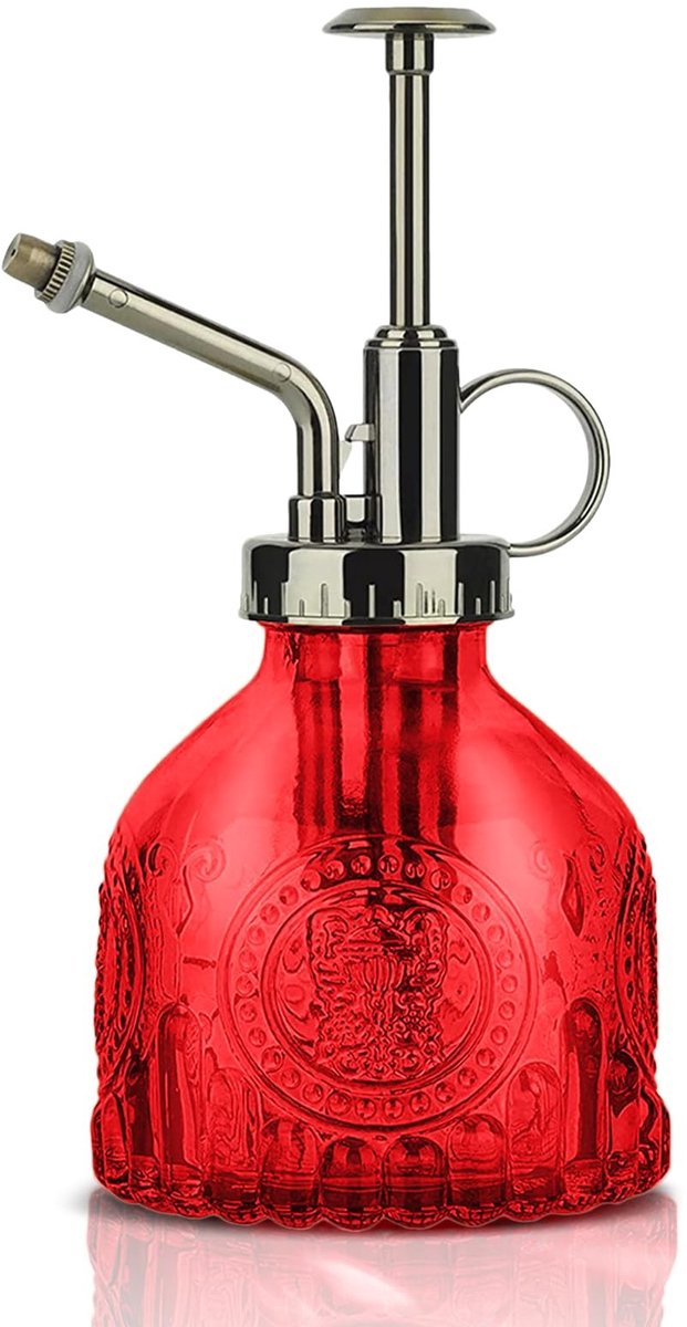Dailygoods - Glazen plantensproeier, 200 ml, retro, met gieter, één hand, sproeier voor tuinieren, planten, tuin, reiniging, alcohol, rood, brons mondstuk