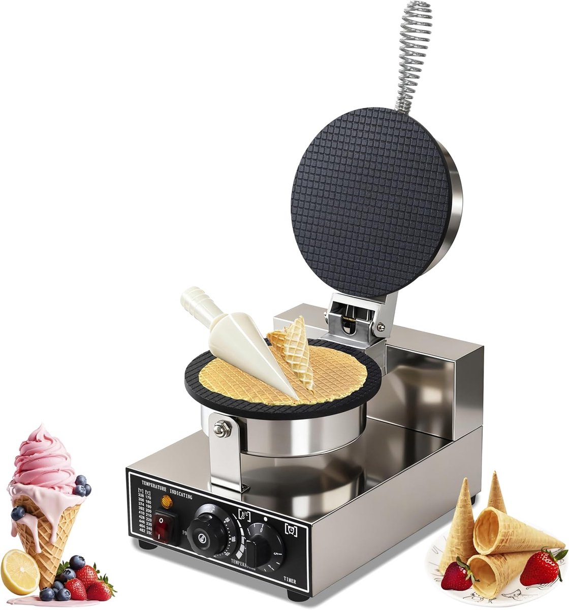 IJskegel Wafelmachine - Wafelijzer IJsschaal Maker - Wafels Maken - Instelbare Temperatuur en Tijd - 1250 Watt - Zilver