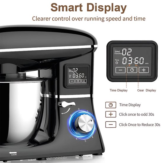 Keukenmachine 1500W - Standmixer 6,5L met LED Display - 6 Snelheden - RVS Mengkom - Zwart — afbeelding 3