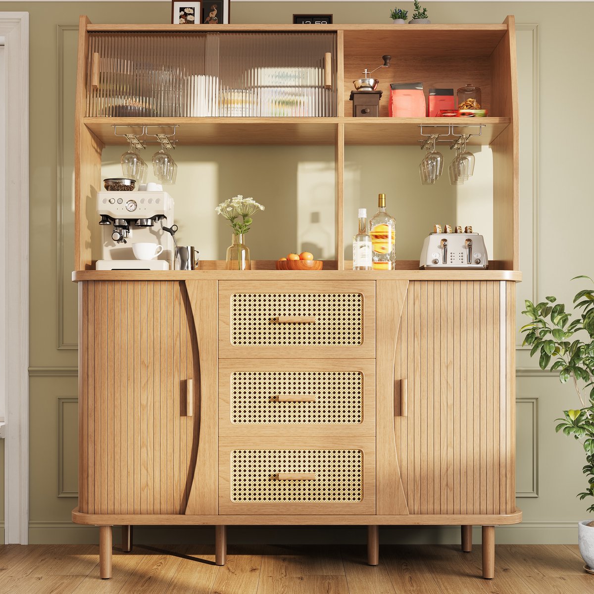 Rieten stijl buffetkast - met glazen schuifdeur - keukenkast met opbergruimte - houtkleur