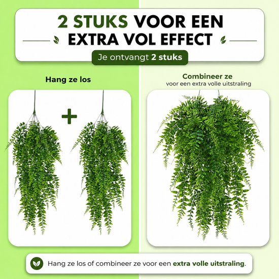 Twee identieke groene kunsthangplanten naast elkaar, getoond als één volle plant.