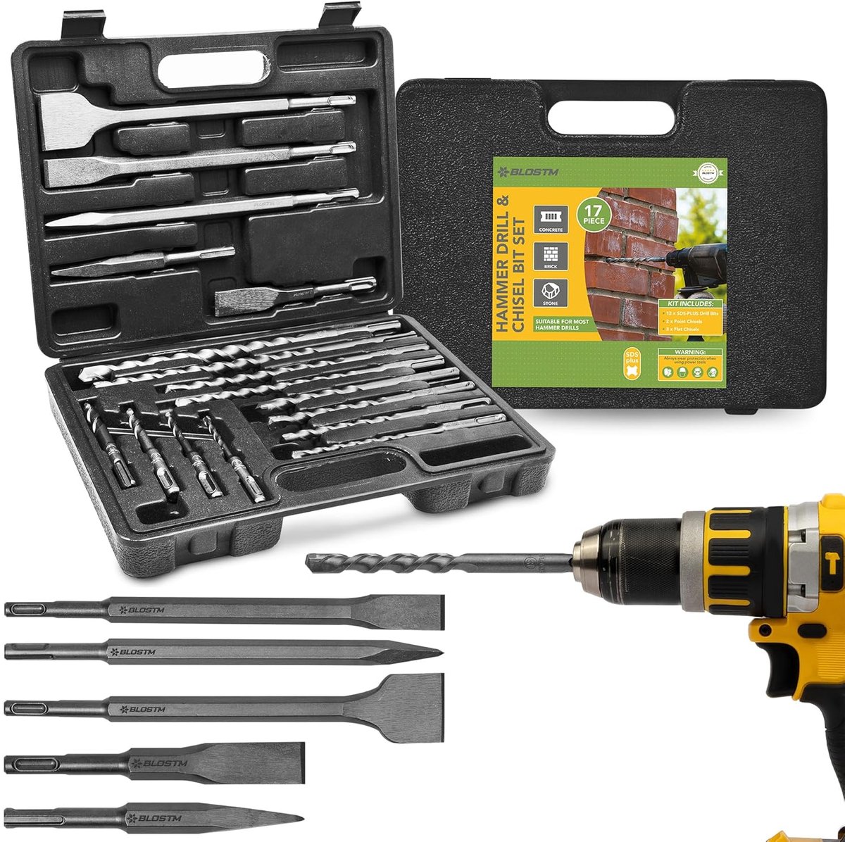Boor en Beitels Set - Hamerboren Bits - Beton Boren - U-vormig Ontwerp - 17 Delig - Metaal