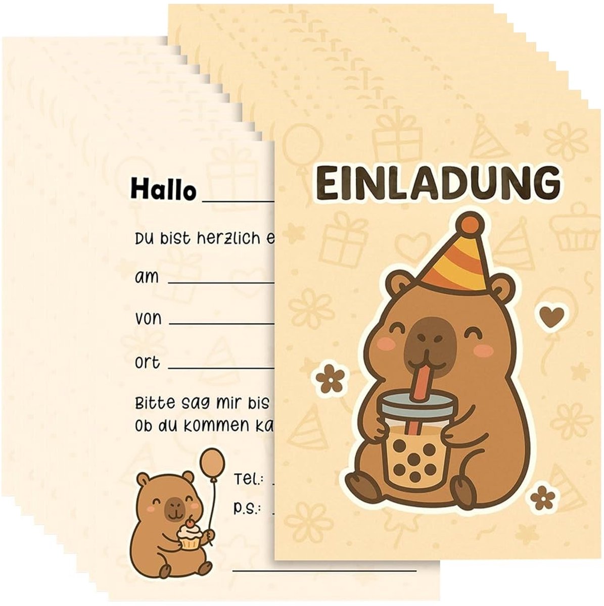 Dailygoods - 12 Uitnodigingskaarten voor Kinderverjaardag met Capibara