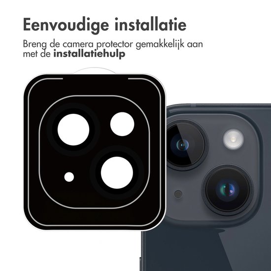 Installatiehulp en camera lensbeschermers op een donkerblauwe iPhone, met tekst over eenvoudige installatie.