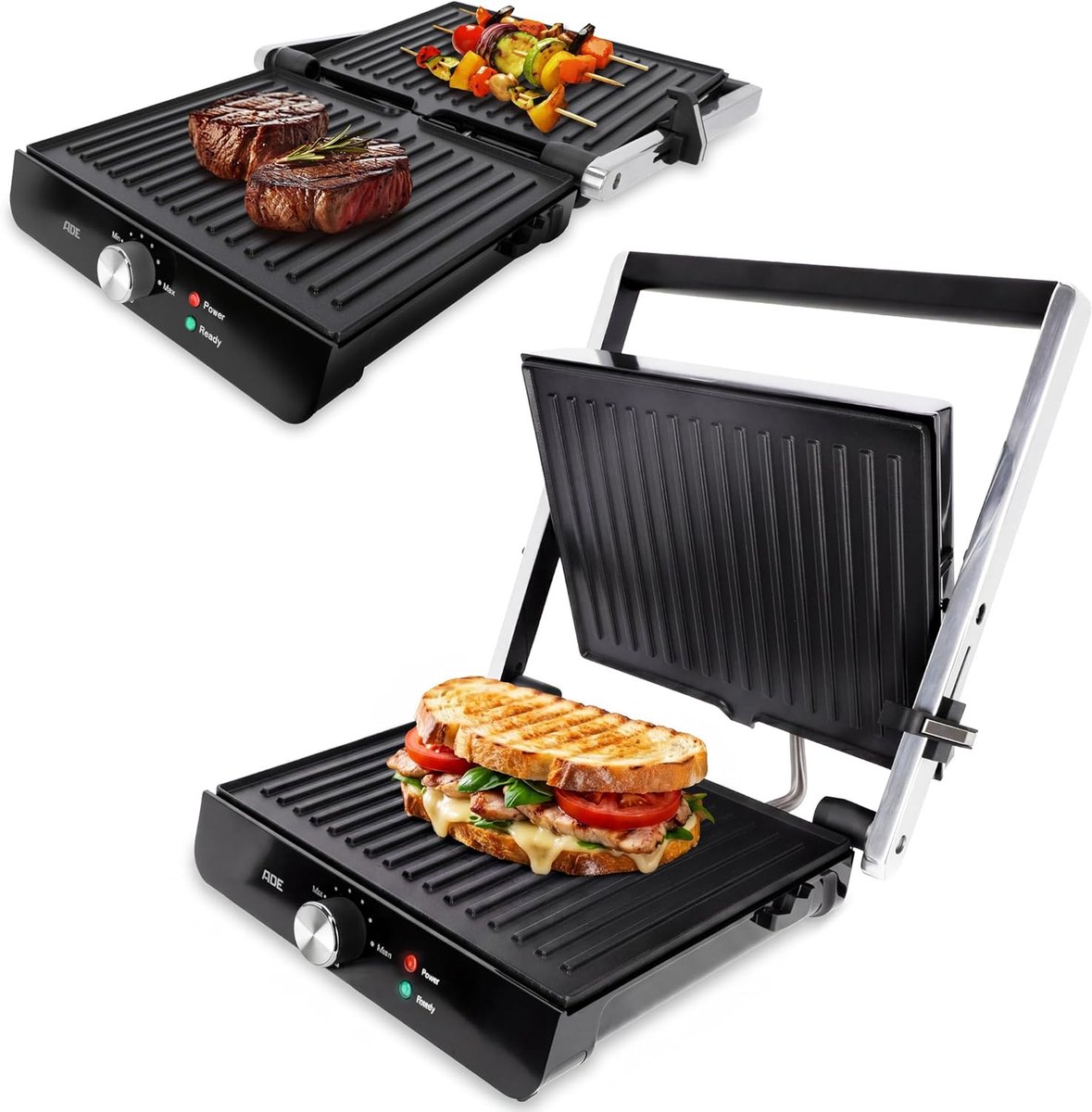 Contactgrill - Sandwichmaker Paninigrill - Gezellig Grillen - Automatische Hoogteaanpassing - 2000 Watt - Zilver