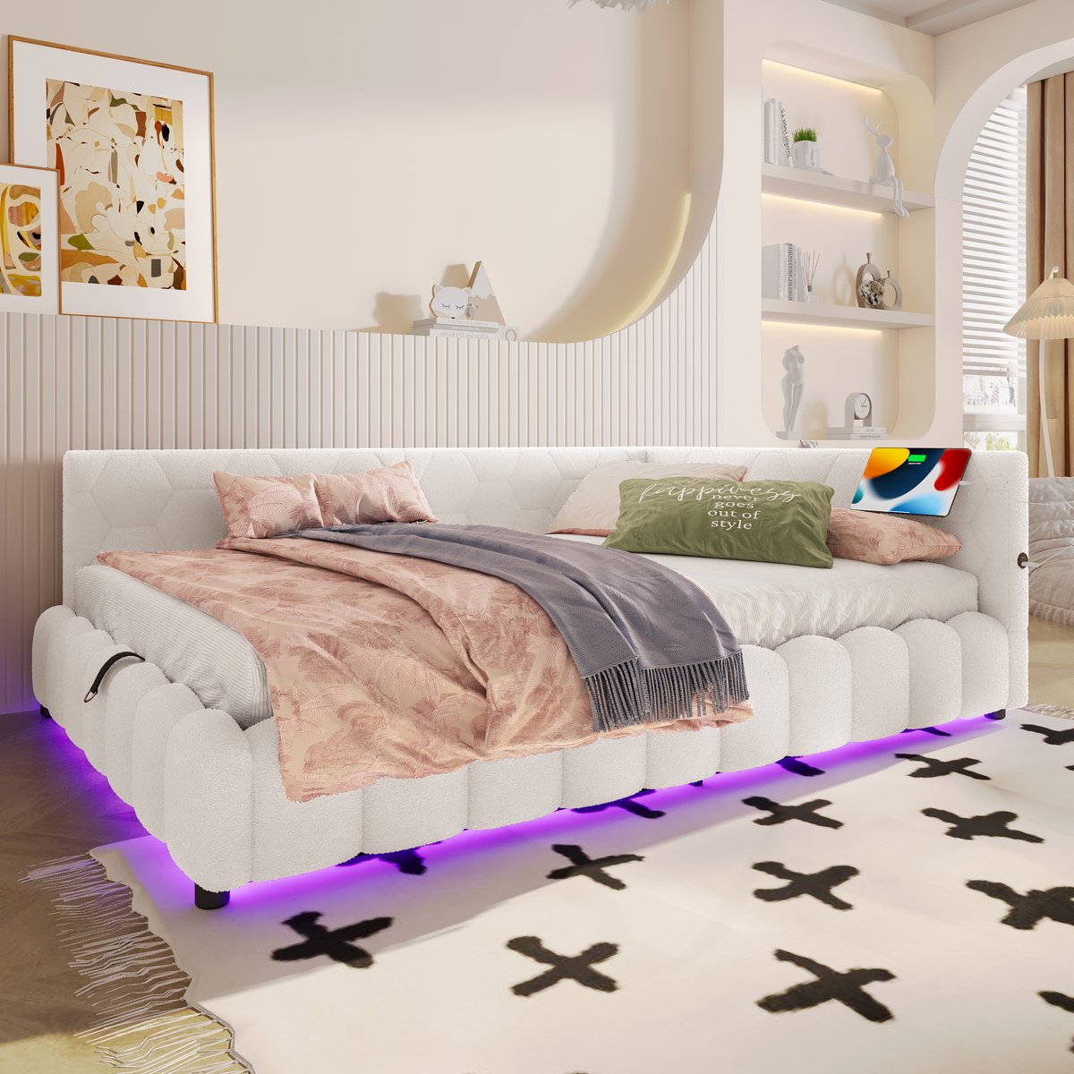 MEUNIQ daybed 140x200 cm slaapbank met lattenbodem, hydraulische opbergruimte, LED-lichtstrip, USB en Type-C, gestoffeerd bedframe voor slaapkamer, wit