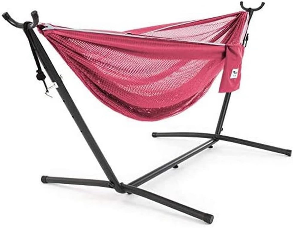 Hangmat met standaard - Netstof hangmat - Ontspannen in de tuin - Eenvoudige montage - 280 cm - Roze/Celeste