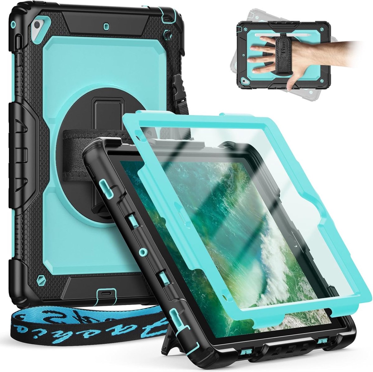 Tablethoes - Beschermhoes Tablet - Veilig Transport - 360 Graden Standaard - 97 inch - Zwart Lichtblauw