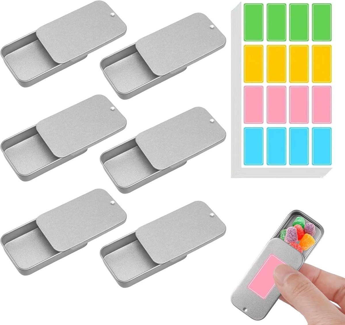 Set van 6 metalen opbergdozen met schuifdeksel, rechthoekig, kleurrijke labels voor kleine spullen, knutselen en DIY projecten, 60 x 34 x 10 mm