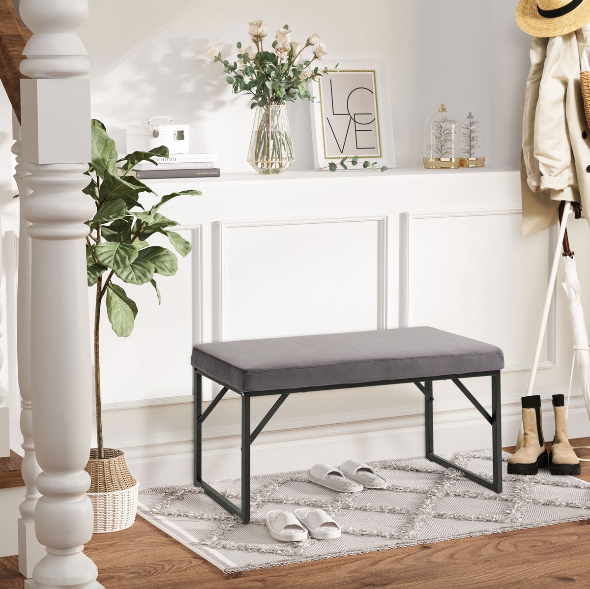 MIVRAY Bankje 100 x 35 x 47 cm - Gevoerde Zitbank Voor Hal En Slaapkamer - Polyester Met Metalen Frame - Donkergrijs