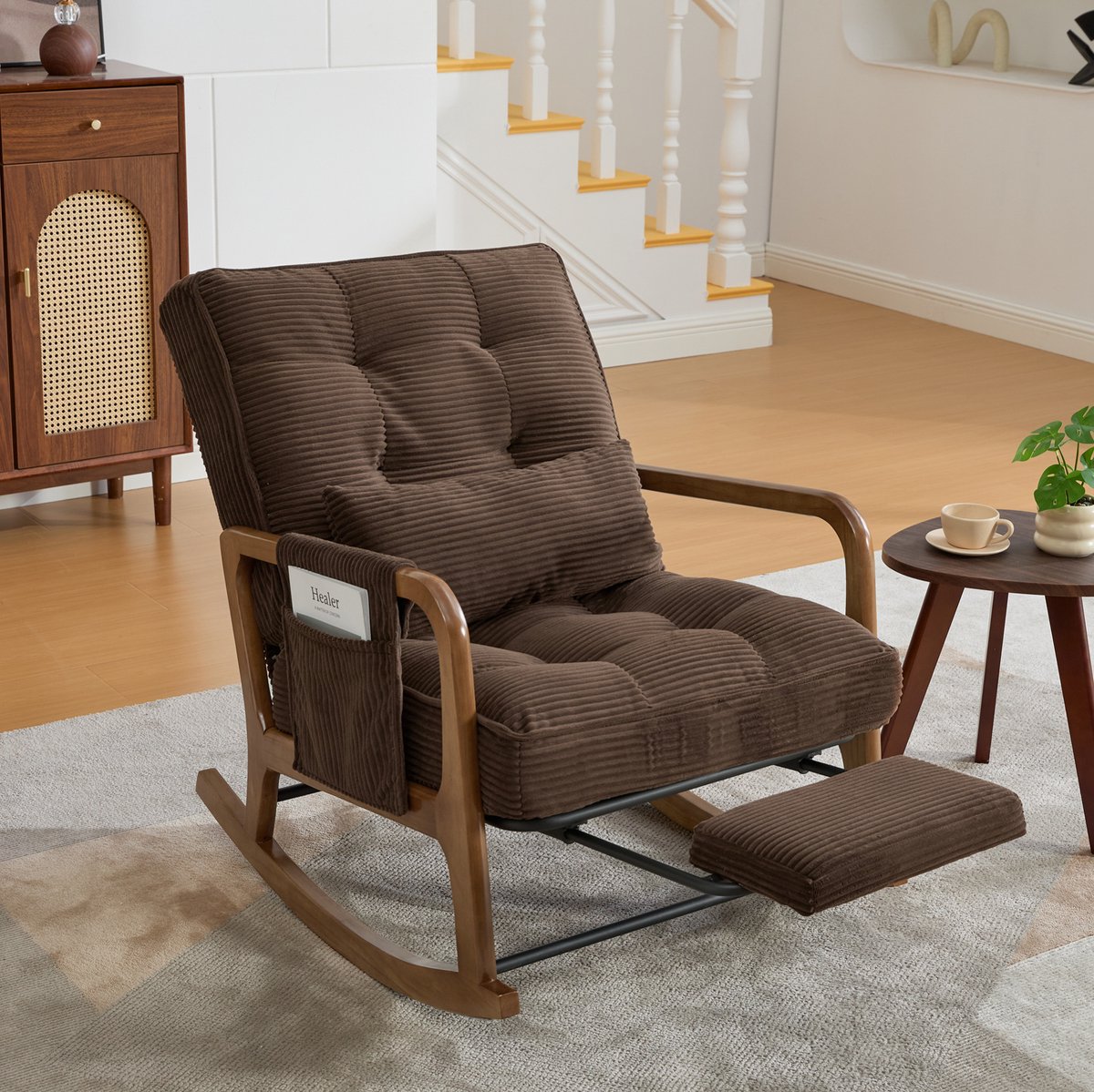 MIVRAY Fauteuil 70 x 80 x 92 cm - Schommelstoel Met Verstelbare Rugleuning En Voetsteun - Voor Woonkamer En Kinderkamer - Cord Koffiebruin