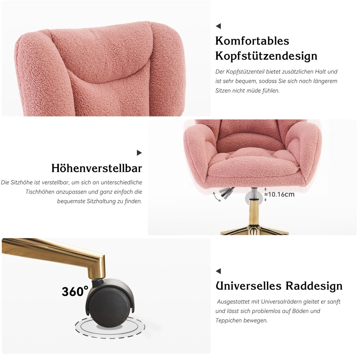 FloraGrace Bureaustoel Verstelbare Hoogte Draaibaar Met Wielen Armleuningen Teddy Stof Voor Thuiswerk en Bureau Roze thumbnail 2