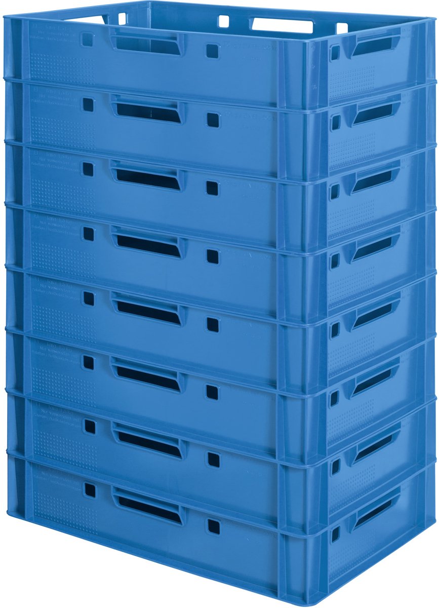 8 E1 Vleeskratten, Blauw, Eurobox, Voedselveilig, Slagerskist, Opbergdoos, Plastic Bak, Stapelbaar, 60 x 40 cm, Kingpower