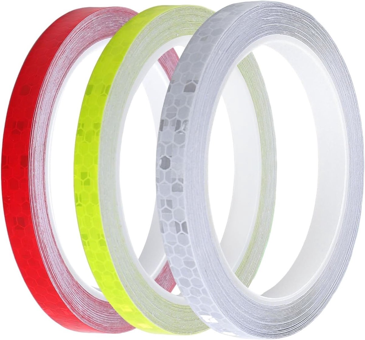 Zelfklevende reflecterende tape, 3 rollen van 10 mm x 8 m, waterdicht voor voertuigen, fietsen en helmen, rood, wit, geel