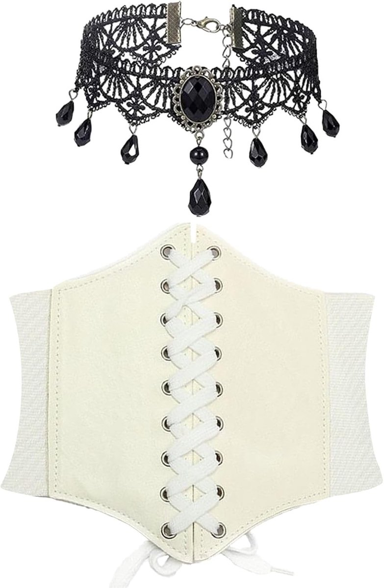2-delige vrouwen corset met gothic sieraden, bruin, middeleeuwse kleding, piratenkostuum, korsetriem, kant choker, historische mode, kostuumaccessoires, gothic stijl