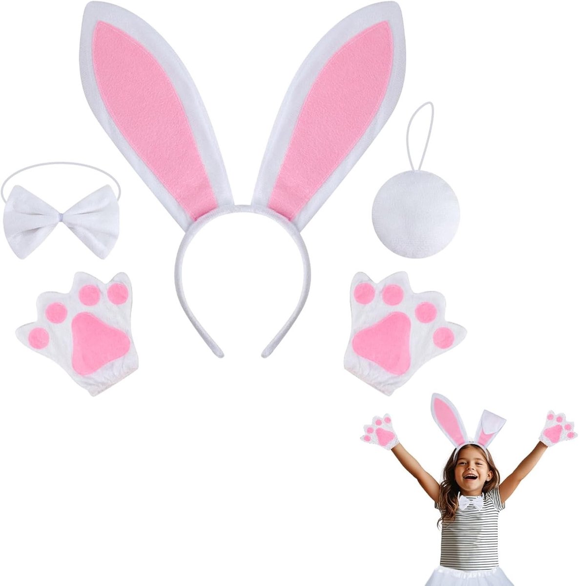 Bunny Oren Kostuum Set voor Vrouwen, 4 Delen, Hoofdband met Strik, Poot Handschoenen, Perfect voor Carnaval, Pasen en Cosplay Feesten