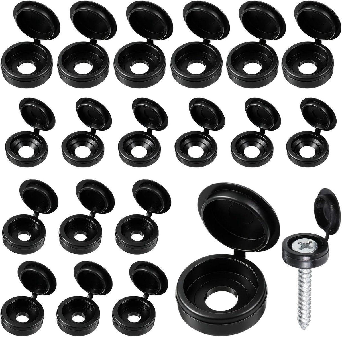 Zwarte plastic schroefdoppen set van 150 stuks, scharnierend ontwerp voor wasmachine en vouwschroeven, ideale bescherming en sluiting voor diverse toepassingen (3 maten)