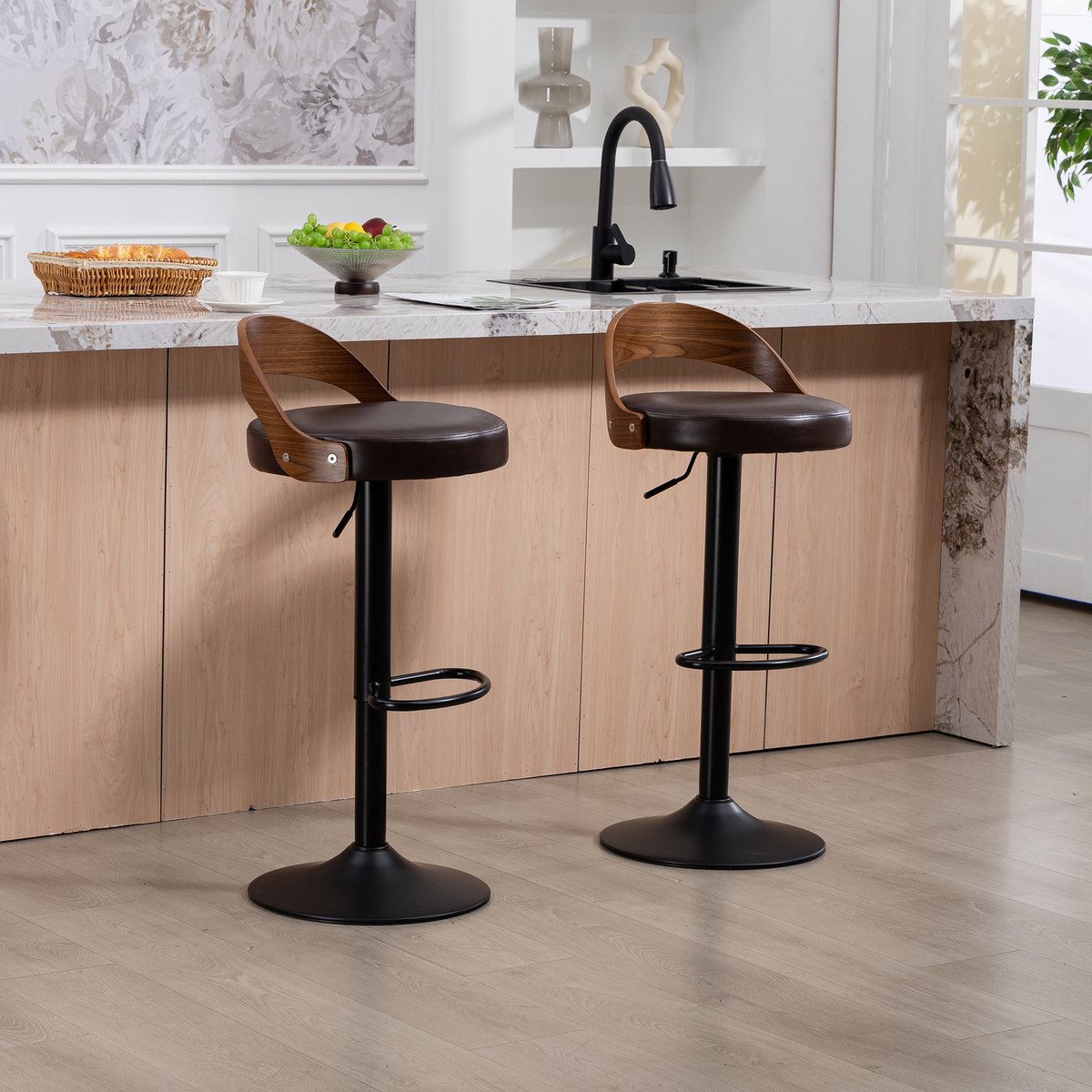 DESMIU Barkruk 42,5 x 42 x 77-98 Cm - Set Van 2 - 360 Graden Draaibaar En Hoogte Instelbaar Met Rugleuning - Voor Keuken En Bar - Kunstleer Bruin