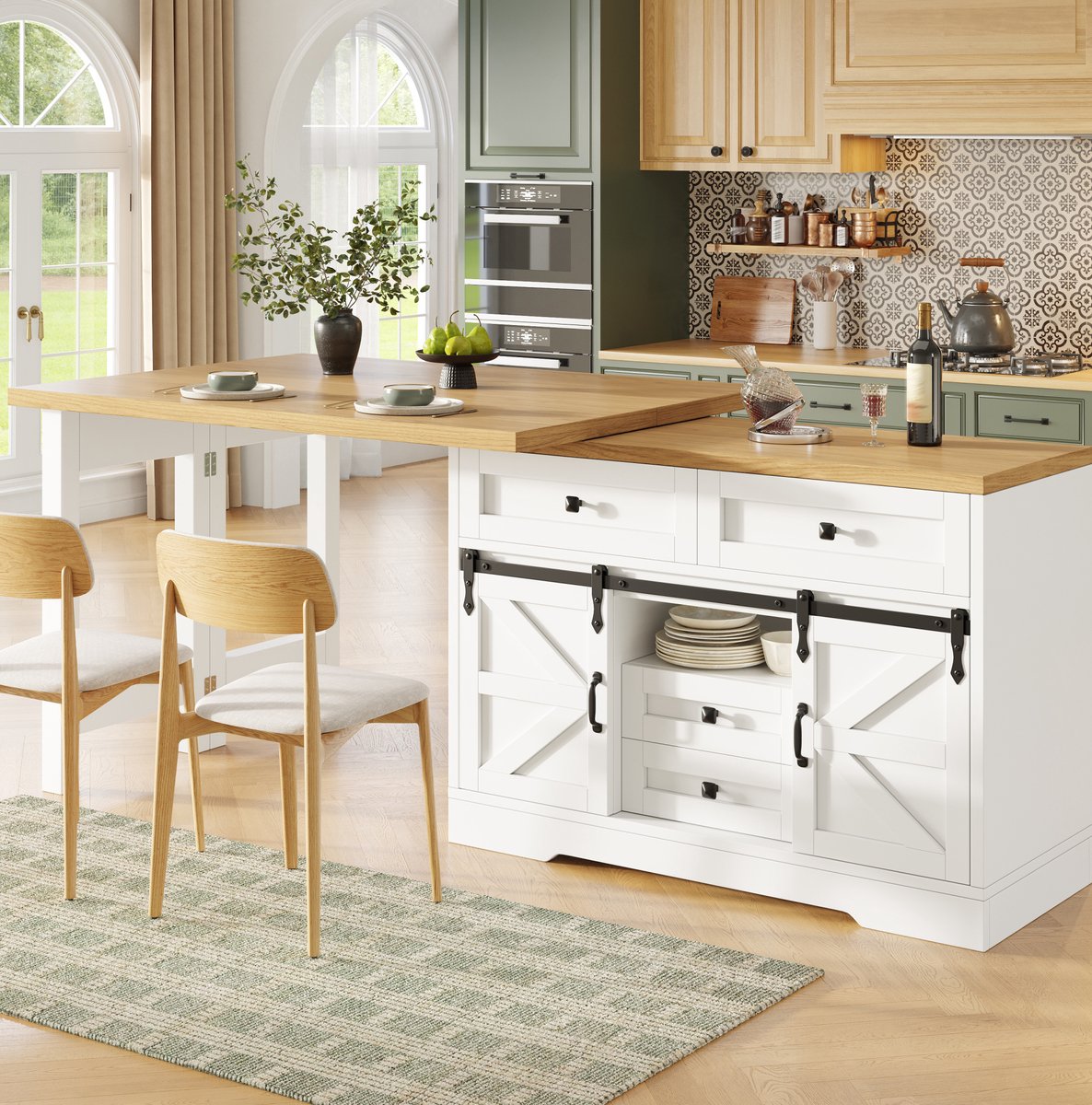 OKWISH Keukenkast - Keukeneiland Met Eettafel En Opbergkast - Uitschuifbaar En 360 Graden Draaibaar - 120-197 x 40 x 72 cm - Scheunendeur - MDF Wit
