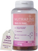 Potje Nutrafine Skin & Hair Gummies, met een label '30 dagen voorraad, gemaakt in de EU'. 60 gummies in het potje.