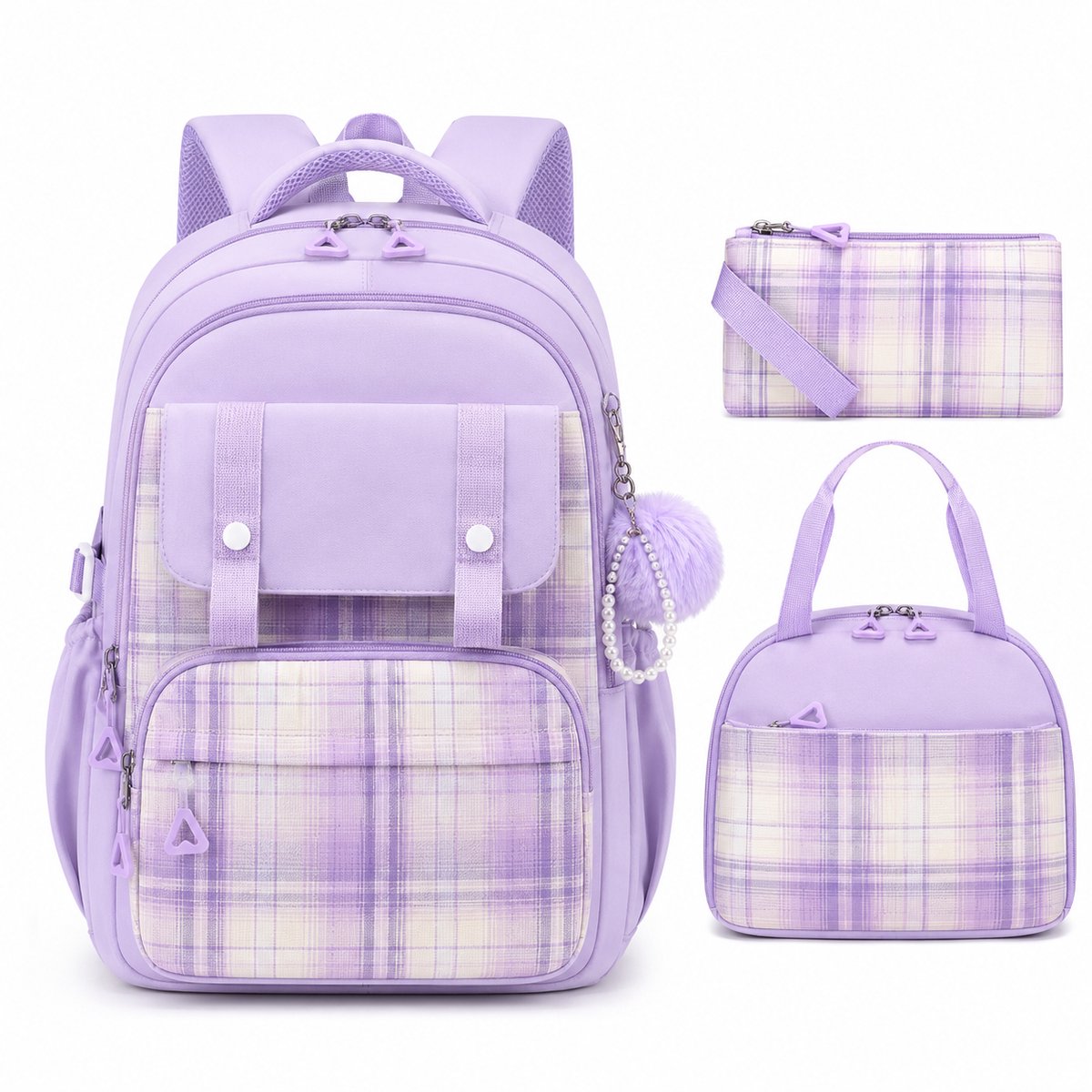 VHV - Schoolrugzak voor meisjes - 3-delige set met geïsoleerde lunchtas en etui - 21L - Paars