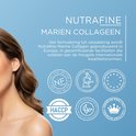 Profiel van jonge vrouw met strakke huid, naast logo's voor "Natuurlijke ingrediënten", "Geproduceerd in Europa" en "HACCP".