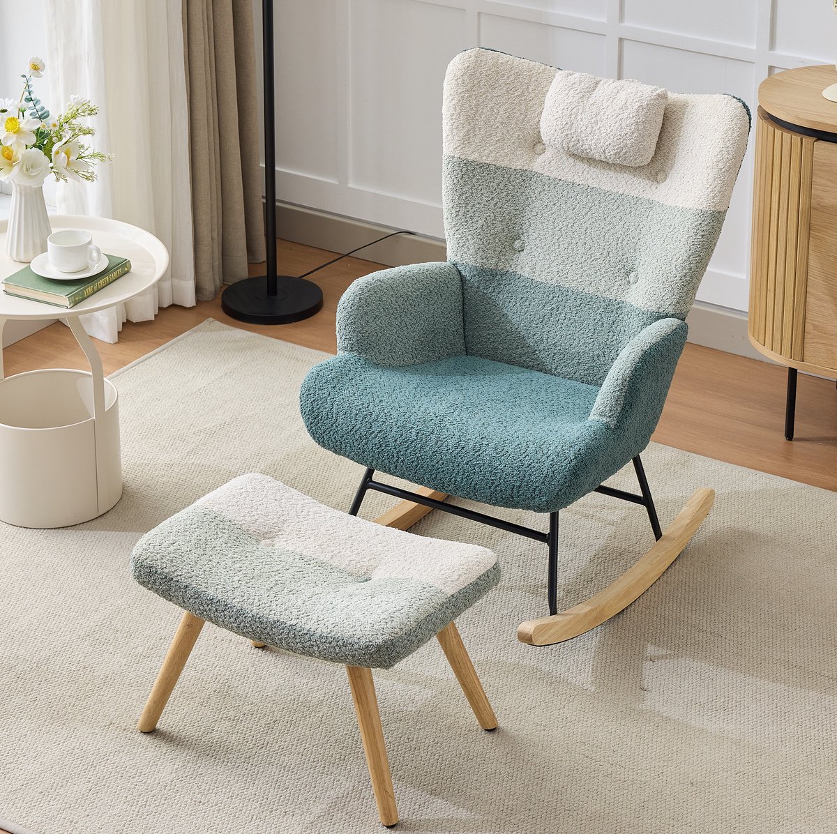 DESMIU Schommelstoel 83 x 65,5 x 95 cm - Met Hocker, Hoge Rugleuning En Zijvak - Voor Woonkamer, Slaapkamer En Kinderkamer - Bouclé Multicolor