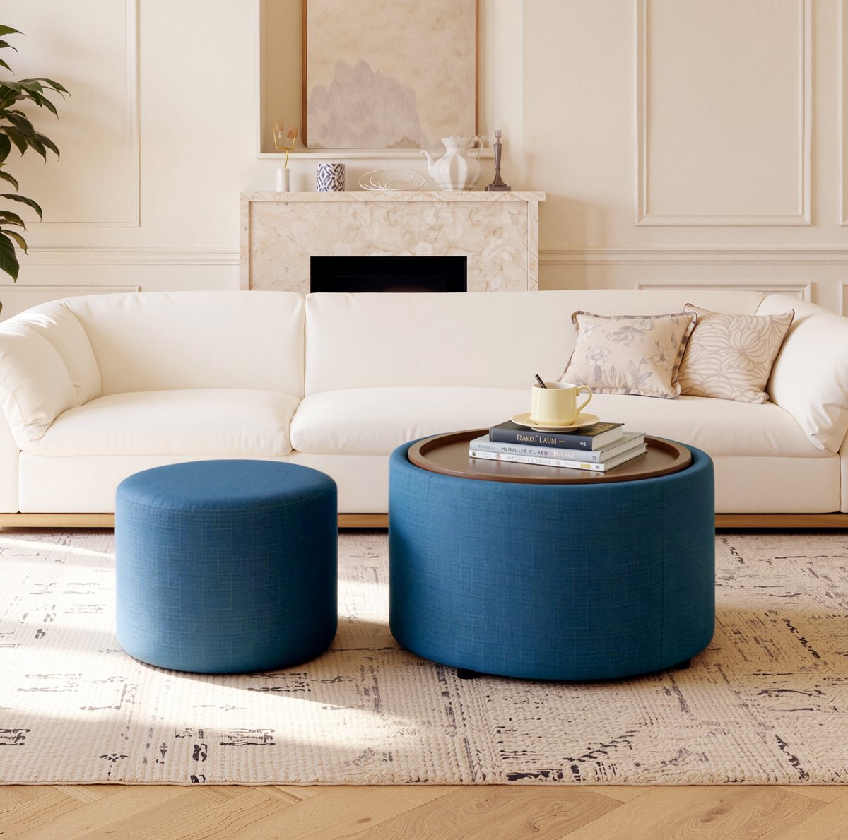 MIVRAY Hocker 58 cm - 2-Delige Nestkruk Met Opbergruimte En Houten Dienblad - Voor Woonkamer En Slaapkamer - Linnen Blauw