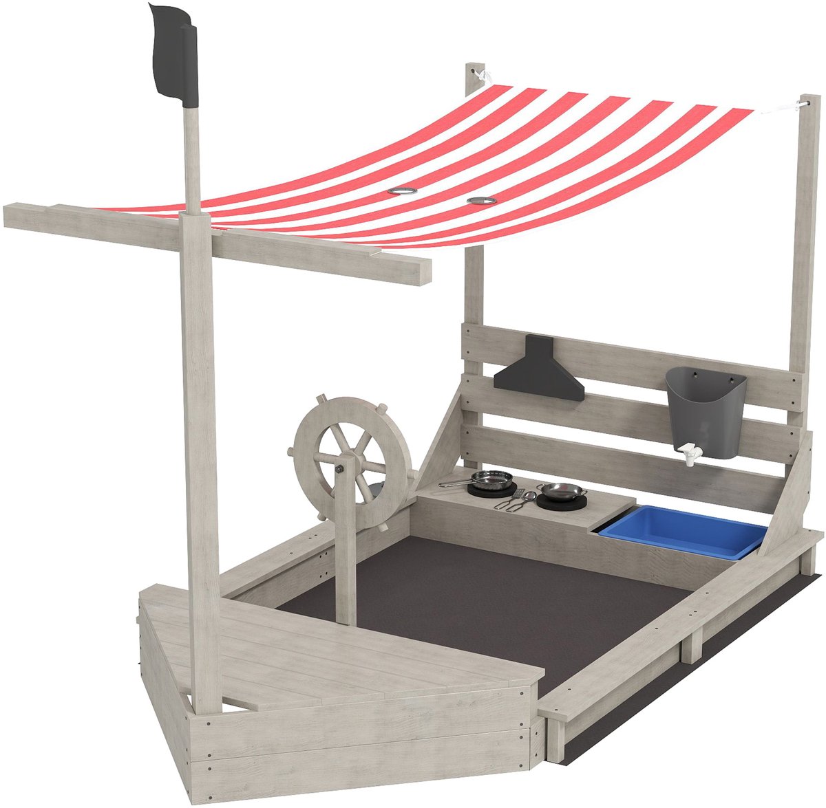 TEKROA® Zandbak Piratenschip met Speelkeuken & Zonnedak UV-bescherming - Inclusief Accessoires en Opbergruimte - 180x103x144,5 cm - Grijs