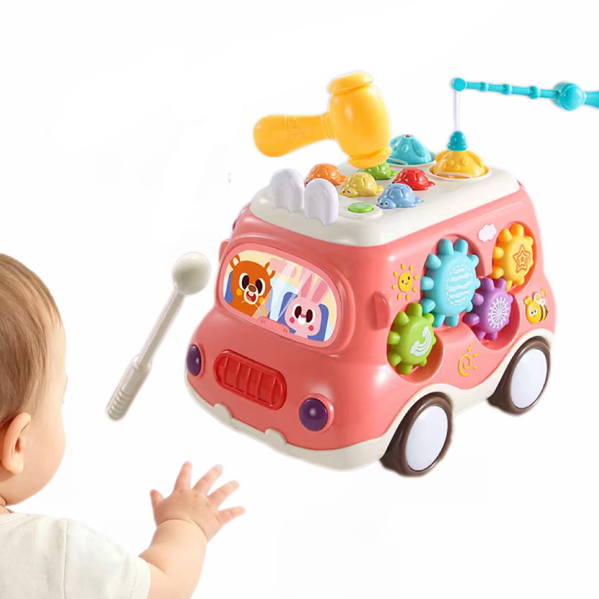 6-in-1 Montessori Speelgoed Bus voor Kinderen – Muzikale Bus met Handpiano, Draaiende Tandwielen, Vissen en Hameren – Vroegspeelgoed voor Peuters – Sensorisch en Motorisch Speelgoed – Cadeau voor Jongens en Meisjes(Rood)