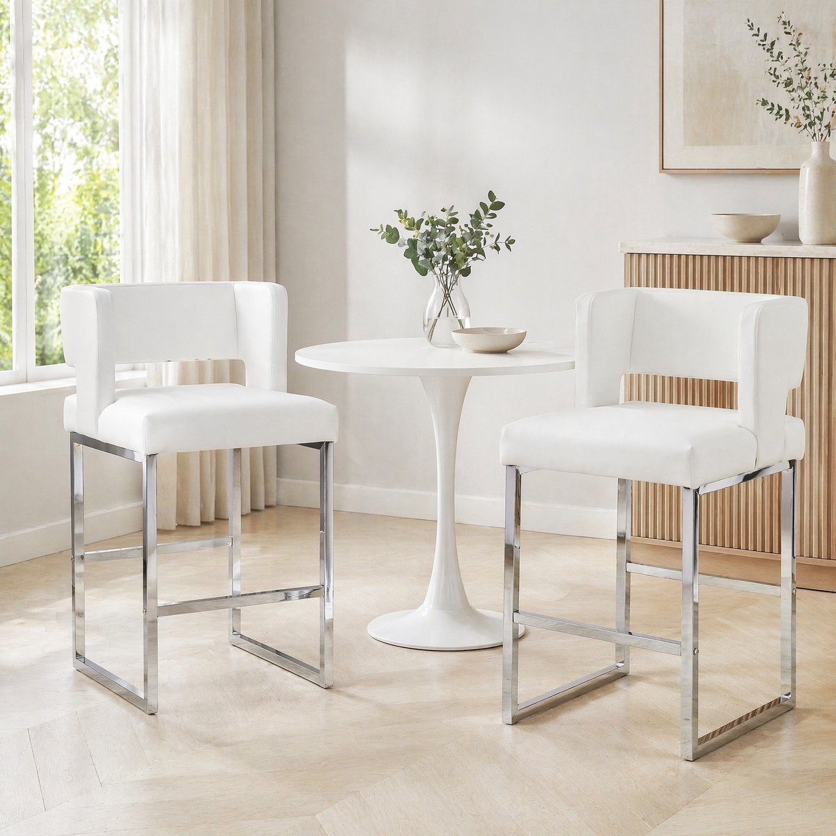 DESMIU Barkruk 91,4 Cm - Set Van 2 Met Rugleuning En Armleuning - Scandinavisch Voor Keuken En Bar - Kunstleer En Metaal - Wit Zilver