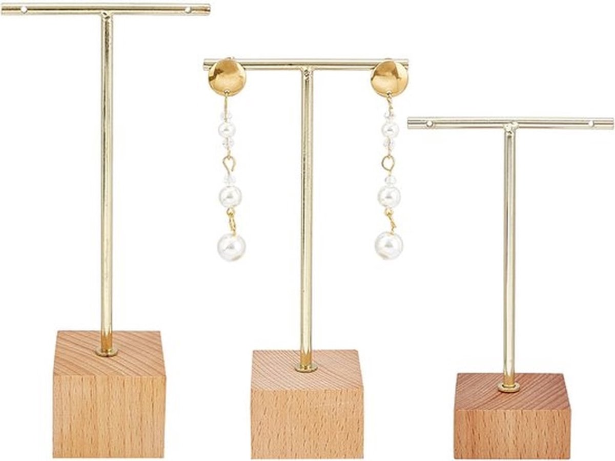 3 stuks gouden metalen T-balk oorbellen display standaard 159/139/114mm hoogte sieradenstandaard met houten vierkante basis sieradenhouders hangende sieraden organizer voor winkelfotografie