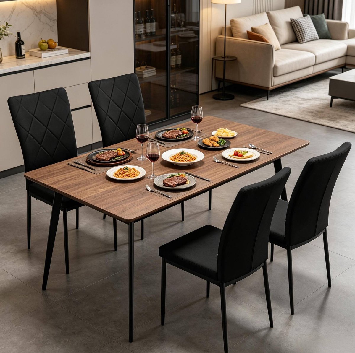 OKWISH Eetkamerstoel - Set Van 4 Met Hoge Rugleuning En Zachte Zitting - Voor Eetkamer, Keuken En Woonkamer - Fluweel En Metaal - Zwart
