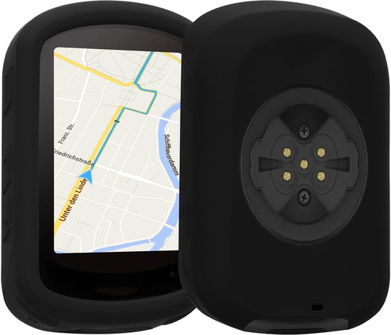 Zwarte siliconen hoes voor fietscomputer, voor- en achterkant getoond.