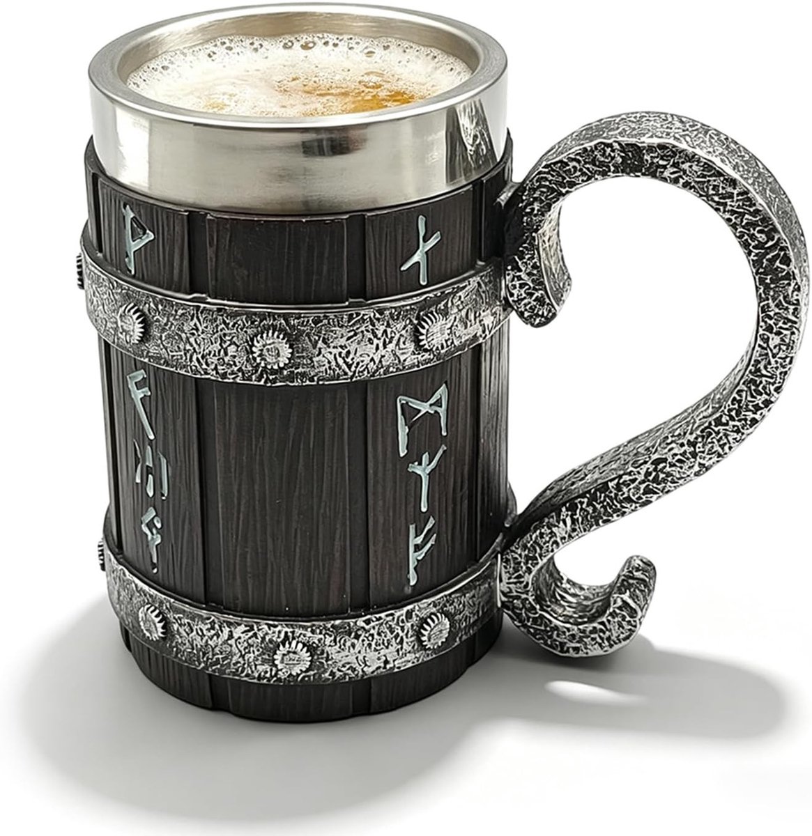 Houten bierpul van 600 ml met roestvrij staal, middeleeuwse runen, handgemaakt en stevig, ideaal voor bier, dranken en als cadeau voor Vaderdag.