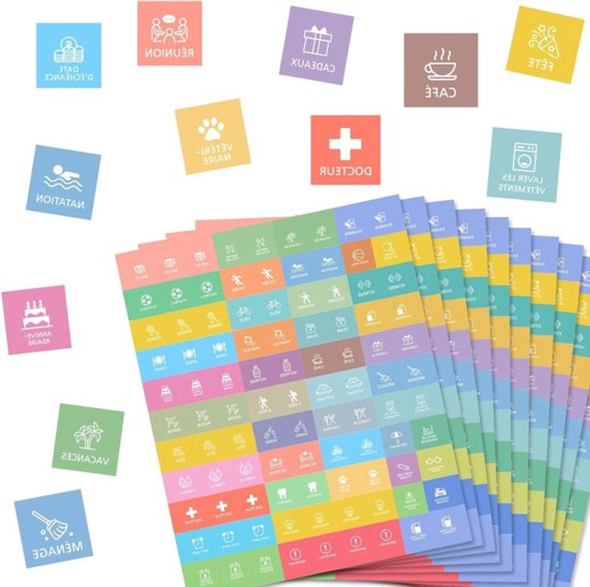 1080 kleurrijke stickers met Franse opschriften voor kalenders, planners, scrapbooking en dagboeken, ideaal voor wenskaarten en creatieve DIY-projecten