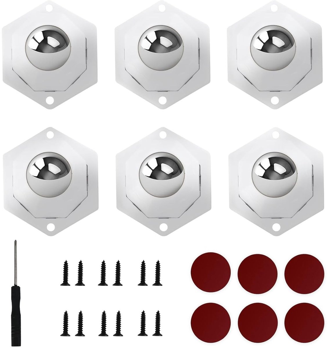 Set van 6 Sterke Meubelwielen met Zelfklevende Bevestiging, 360° Draaibare Wielen voor Meubels en Afvalbakken, Inclusief Schroevendraaier en Stickers