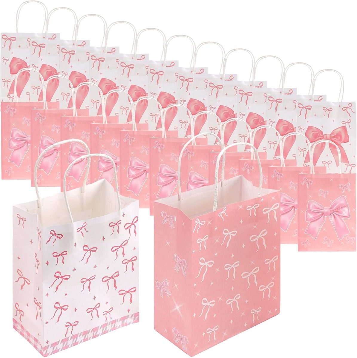 Set van 24 middelgrote roze papieren geschenkzakken met handgrepen voor feesten, kraftpapier, 21 x 16 x 8 cm, ideaal voor cadeauverpakking en decoratie