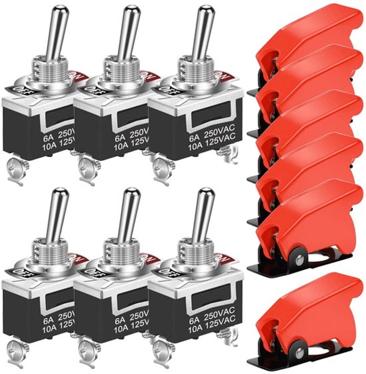 6 stuks Heavy Duty Rocker Switch 12V-24V-48V-110V/10A, 220V-230V/6A, SPST 2Pin ON/OFF Schakelaar Metaal Bat met Rode Vliegtuig Veiligheidsdop