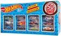 Doos met 50 Hot Wheels speelgoedauto's, blauw met Hot Wheels logo en 50 cars!