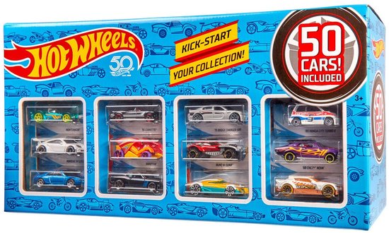 Doos met 50 Hot Wheels speelgoedauto's, blauw met Hot Wheels logo en 50 cars!