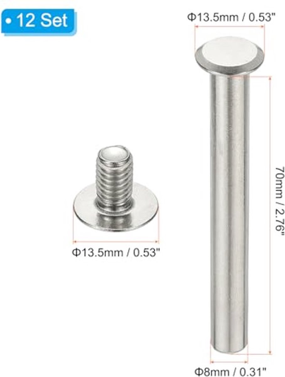 Chicago Schroeven 24 Sets - 8 x 70 mm - Roestvrij Staal - Perfect voor Leer en DIY-projecten
