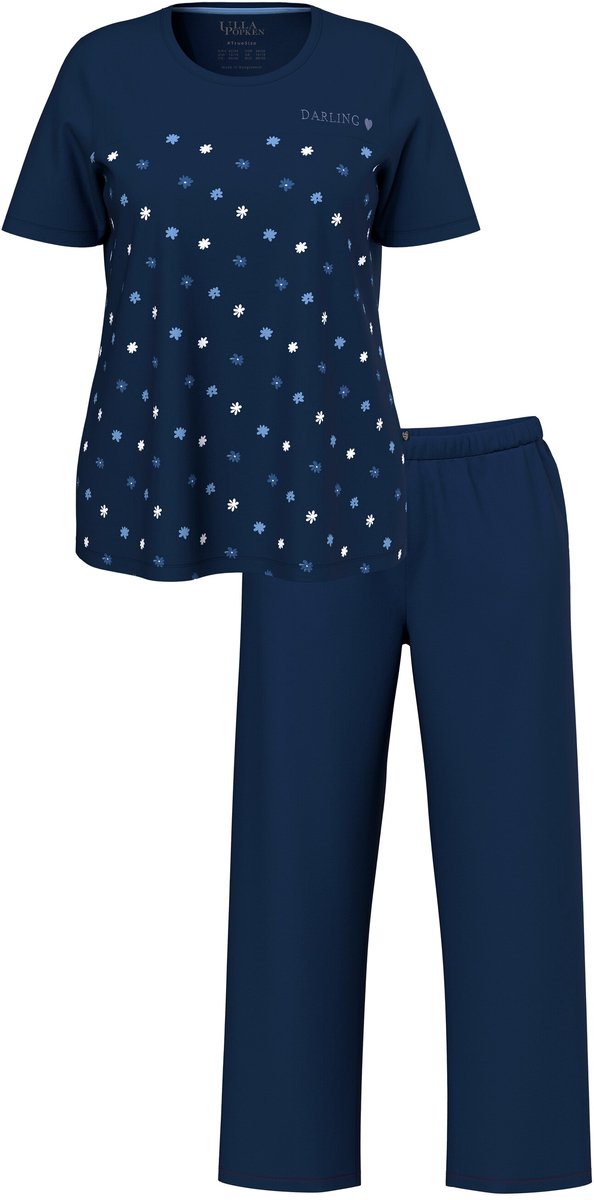 Ulla Popken - Dames - Pyjama bloemen borduursel ronde hals korte mouw - Nachtblauw - Maat 42+
